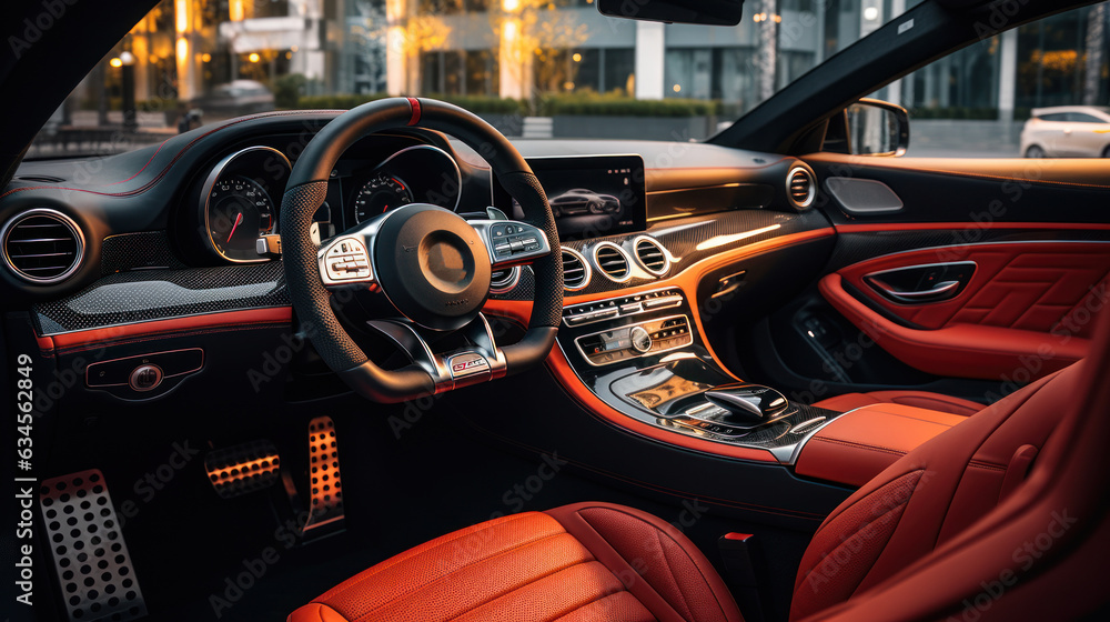 Fototapeta premium Modern luxury car interior details, steering wheel, gearshift lever, and dashboard.