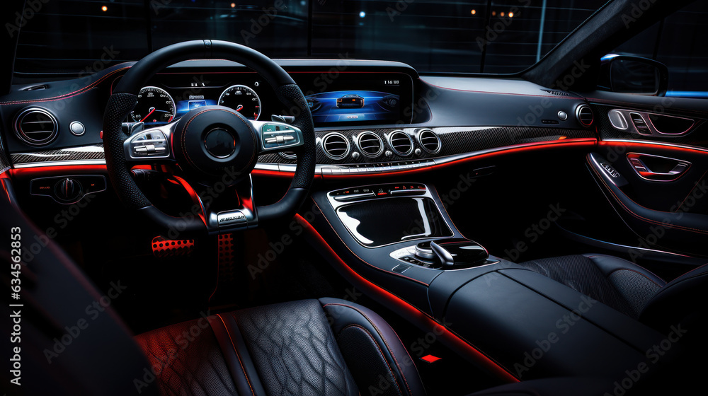 Modern luxury car interior details, steering wheel, gearshift lever, and dashboard.