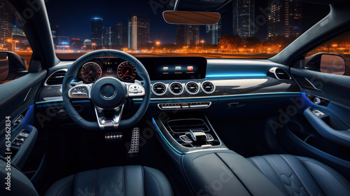 Modern luxury car interior details, steering wheel, gearshift lever, and dashboard. © sirisakboakaew