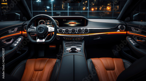 Modern luxury car interior details, steering wheel, gearshift lever, and dashboard. © sirisakboakaew
