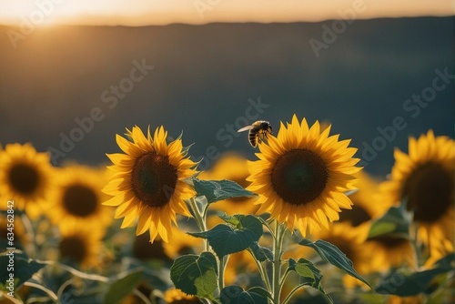 Wallpaper Mural Two sunflowers in a large field of sunflowers. Bee pollinating the flower on the right, green forest with sunset in the background, yellow plants depicting the beauty of nature during summer Torontodigital.ca