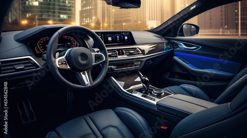 Modern luxury car interior details, steering wheel, gearshift lever, and dashboard. photo