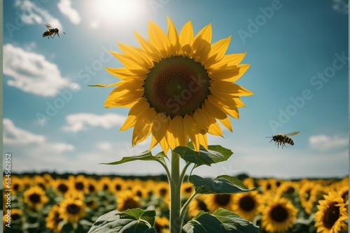 Wallpaper Mural Sunflower field with a tall sunflower in the foreground, high angle shot, flowers under a blue sky with a bright sun. A bee on the right ready to pollinate flowers in summer Torontodigital.ca