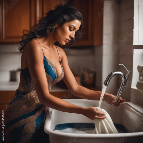 A Latin woman diligently washes clothes by hand using a plastic basin and a washing machine, blending traditional and modern approaches