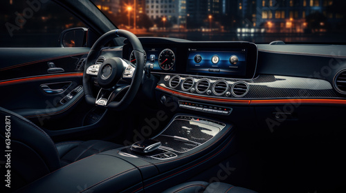 Modern luxury car interior details, steering wheel, gearshift lever, and dashboard.