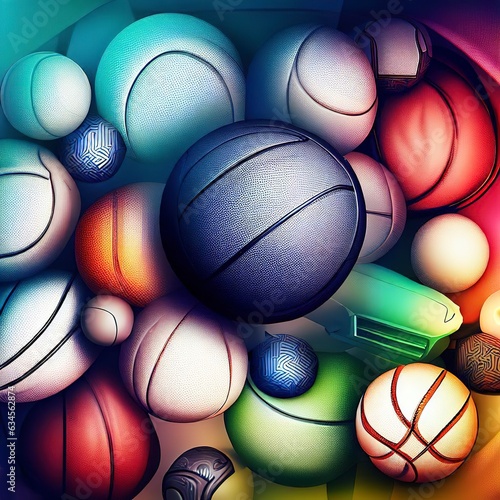Abstract background with different types of sport balls used in the sports of basketball  baseball  tennis  golf  soccer  volleyball  rugby  American football and badminton