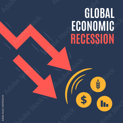 Global business downfall with falling arrow, global economic recession concept, coronavirus effect on world economic