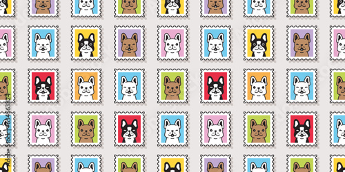 dog seamless pattern french bulldog stamp post mail cartoon puppy smile vector pet doodle gift wrapping paper repeat wallpaper tile background scarf isolated illustration design