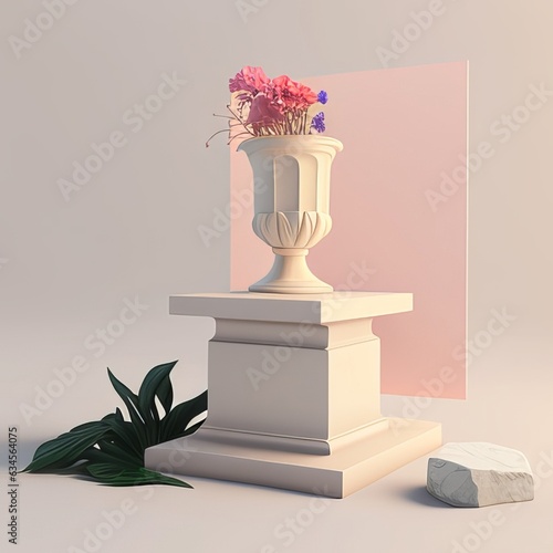 3D stone podium with flowers pastel colors minimalistic style for comsetics and beauty products photo