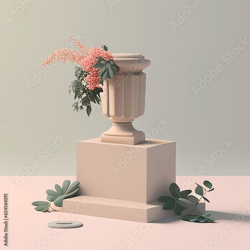 3D stone podium with flowers pastel colors minimalistic style for comsetics and beauty products photo