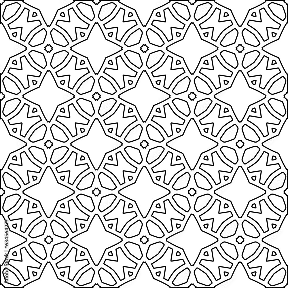 Abstract background with figures from lines. black and white pattern for web page, textures, card, poster, fabric, textile. Monochrome graphic repeating design.
