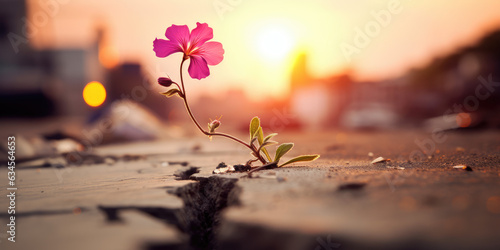 Pink flower growing on crack street sunset background 