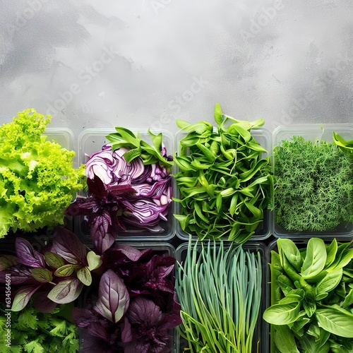 Fresh greens basil,coriander,lettuce,purple basil,mountain coriander,dill,green onion in plastic boxes on grey concrete background,copy space,top view