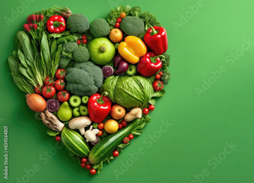 mix vegetable and fruit heart shape with copy space area 