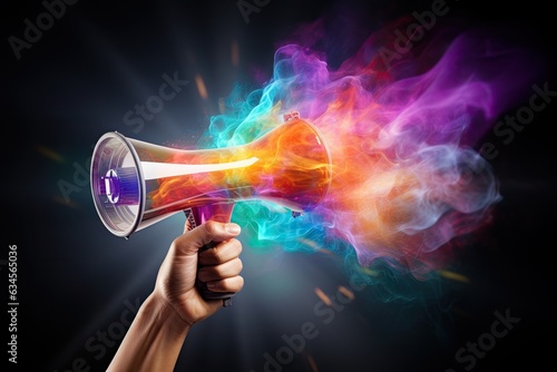 Communicative hand with megaphone. Burst of dynamic, colorful 3D sound waves.