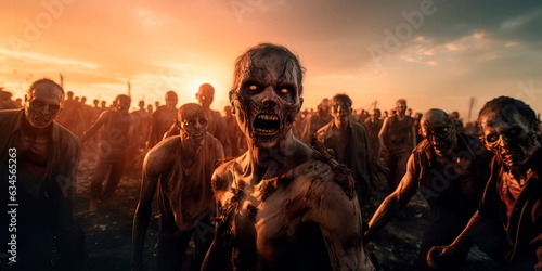 Apocalypse fantasy scene hroup of zombie walking. Halloween concept Generative AI