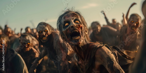 Apocalypse fantasy scene hroup of zombie walking. Halloween concept Generative AI