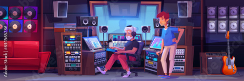 Man producer in sound record studio room cartoon game vector illustration. Music radio production equipment workstation for professional singer with mixer, microphone, guitar and synthesizer.