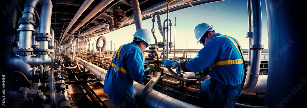 workers inspecting and maintaining the various components of an industrial pipeline, wearing safety gear. Generative AI workers inspecting and maintaining the various components of an industrial pipeline, wearing safety gear. Generative AI