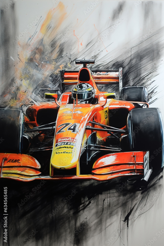 F1 sports car, beautiful hand drawn art