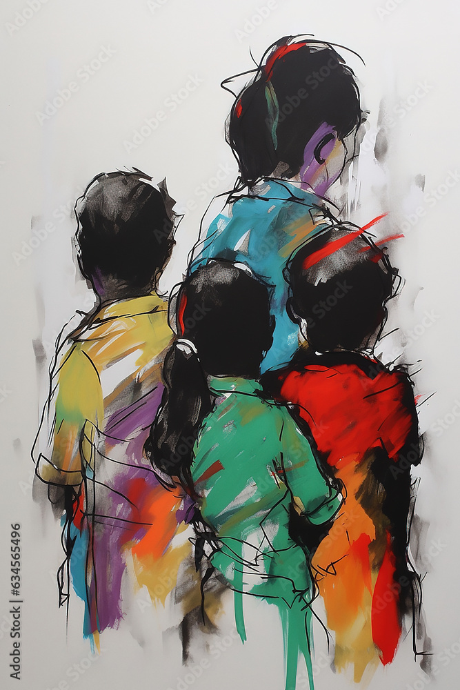 Children, rear view, unrecognisable persons, abstract minimalist hand ...