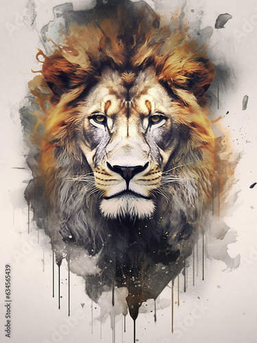 Animal king, stunning lion portrait, decorative poster, watercolor painting photo