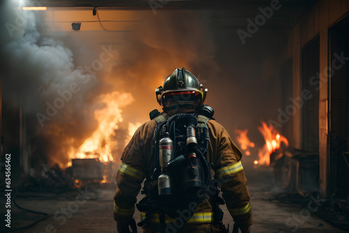 A firefighter at work, in uniform, wearing a helmet and an oxygen mask, goes to the fire.