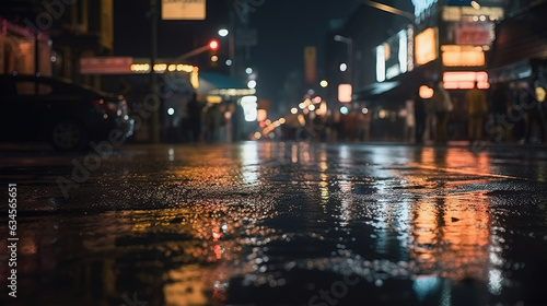 Wet asphalt road and defocused urban landscape in the night. Abstract urban background, low angle view