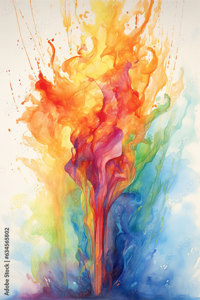 Colorful flowing paint in shape of flame, isolated on white background