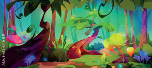 Mysterious forest landscape with fantastic plants glowing in night darkness. Vector cartoon illustration of magic tree, mushrooms and flowers growing on glade. Nature on alien planet. Game background