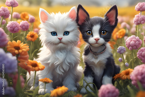 A cat and baby dog in the flower garden, Generative AI