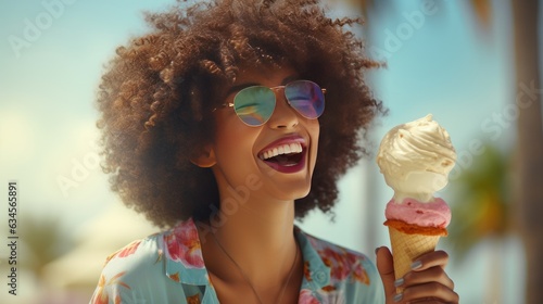afro girl eating ice cream on the beach