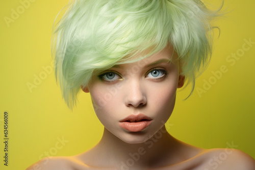 Portrait of woman with short light green hair and blue eyes