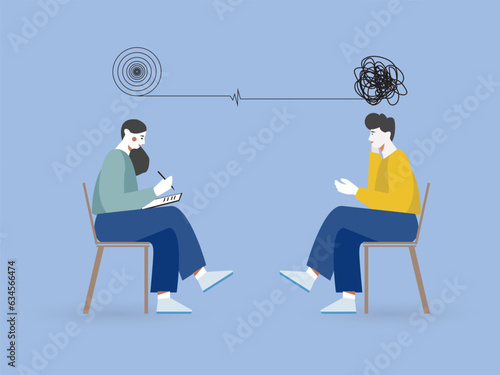 Woman psychologist conducts a session with a client. She takes notes and listens to the patient. Psychotherapeutic consultation. Mental health and wellness concept. Flat vector illustration.