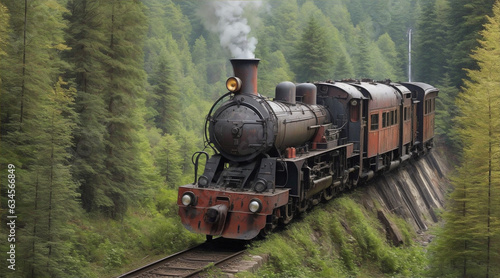 Antique locomotive chugs through mountainous forest on abandoned railroad track by Generative AI