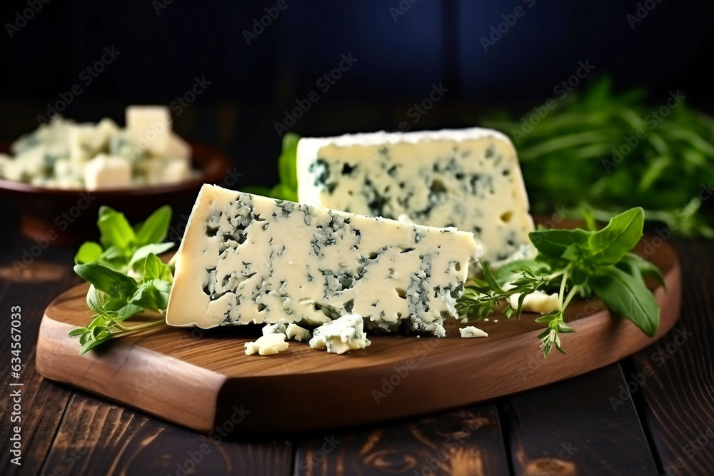 Cheese with mold and herbs on wooden board. Camembert and dorblu on wooden background. Dairy products.