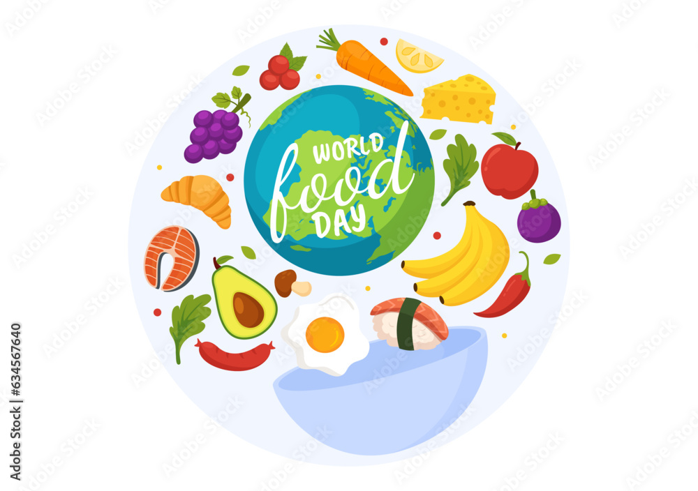 World Food Day Vector Illustration on 16 October with Various Foods, Fruit and Vegetable in Flat Cartoon Hand Drawn Background Templates