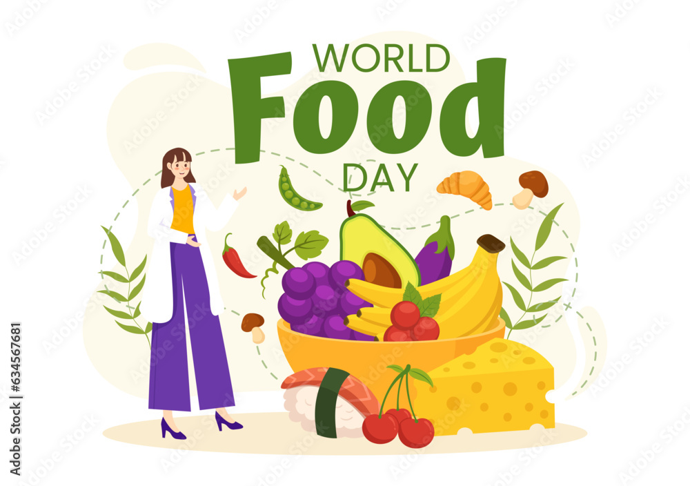 Fototapeta premium World Food Day Vector Illustration on 16 October with Various Foods, Fruit and Vegetable in Flat Cartoon Hand Drawn Background Templates