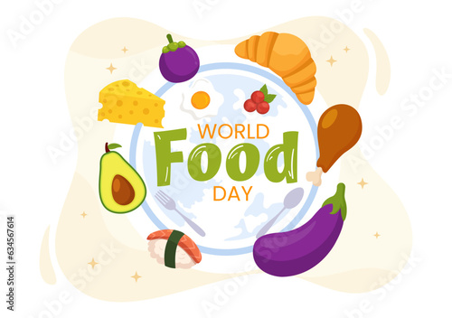 World Food Day Vector Illustration on 16 October with Various Foods, Fruit and Vegetable in Flat Cartoon Hand Drawn Background Templates