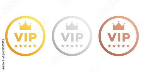 VIP badges in gold, silver and bronze color. Round label with three VIP level. Vector illustration.