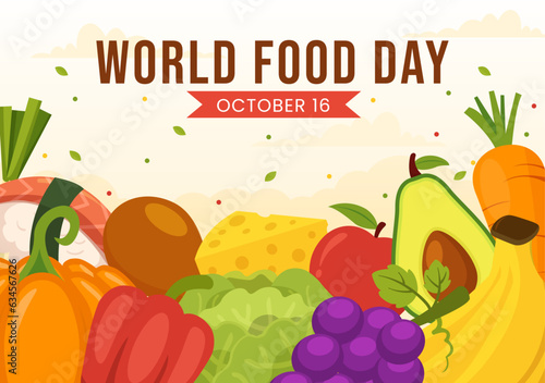 World Food Day Vector Illustration on 16 October with Various Foods, Fruit and Vegetable in Flat Cartoon Hand Drawn Background Templates