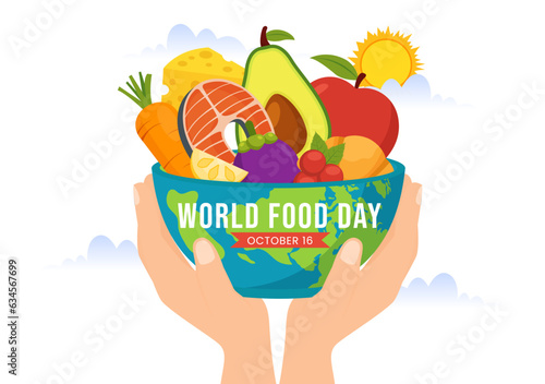 World Food Day Vector Illustration on 16 October with Various Foods, Fruit and Vegetable in Flat Cartoon Hand Drawn Background Templates
