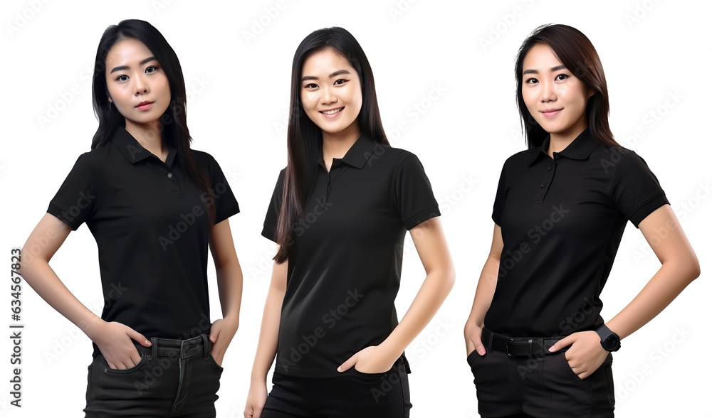 asian Woman wearing black polo shirt. blank polo shirt for design mock up isolated on transparent background. asian Woman wearing black polo shirt. blank polo shirt for design mock up isolated on transparent background.