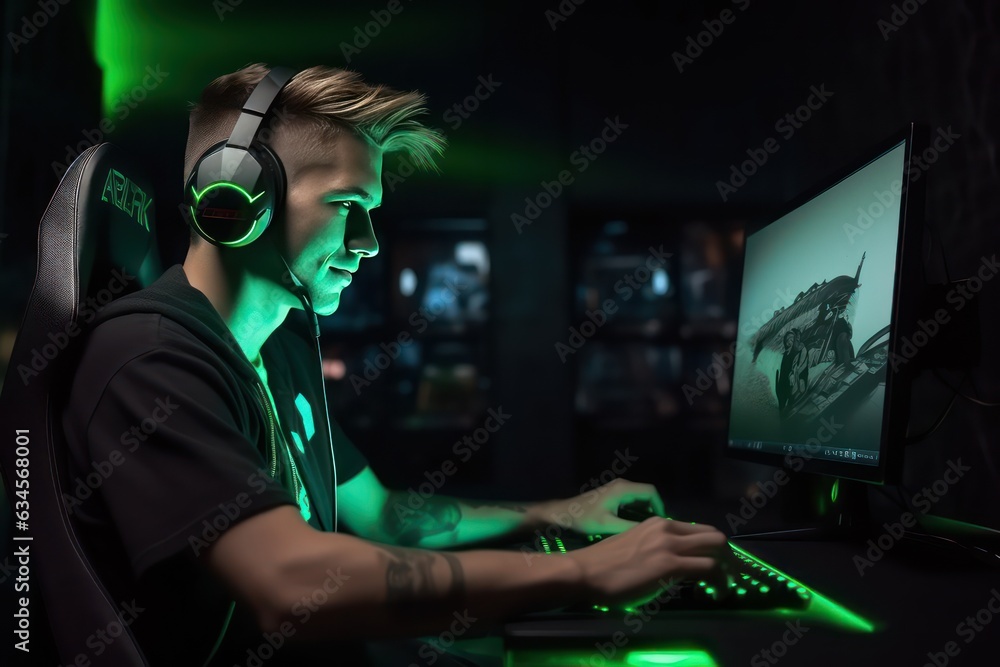The gamer sits on a gaming chair and plays computer game The gamer sits on a gaming chair and plays computer game