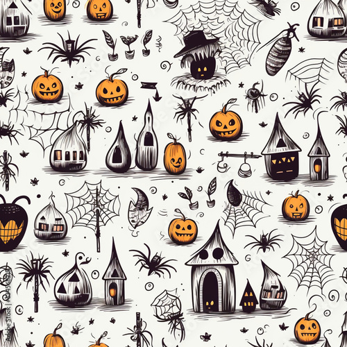 Seamless pattern with Halloween story, hand drawng styles witch broom pumpkin spider cross, grave, cobweb. photo