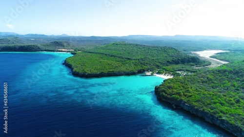 Panoramic wide angle aerial view of stunning blue ocean water on curacao coastline