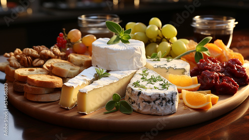Cheese plate, a traditional Italian appetizer, with walnuts and grapes, harvested