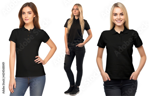 cauasian Woman wearing black polo shirt. blank polo shirt for design mock up isolated on transparent background. photo