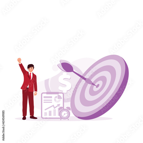 Targets and goals as concepts. Businessman beside arrow hitting target business hit the mark. Trend Modern vector flat illustration © berkah design
