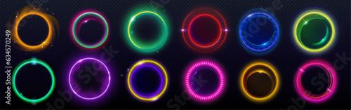 Colorful circular light flare effects isolated on transparent background. Vector realistic illustration of neon rings glowing, sparkling with shimmering particles and smoke, space halo, energy vortex